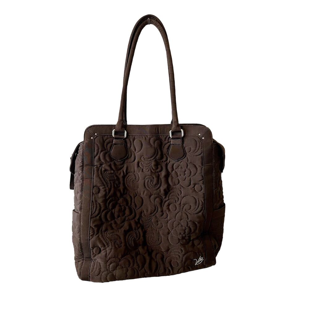 🍫🩵 Vera Bradley Large Chocolate Brown Quilted Bag Structured Tote, Shoulder Bag